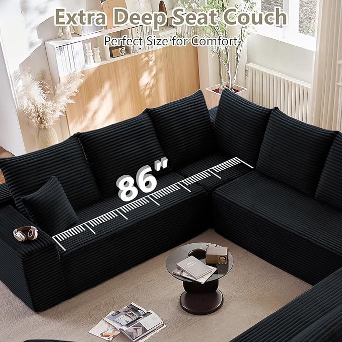 Sectional Cloud Couch for Living Room, Big Comfy Corduroy Couches Set with Fluffy Memory Foam, Modular Floor Deep-Seat Sofa, Stupendous U Shaped Sofas with 12 Pillows, No Assembly Required, Black