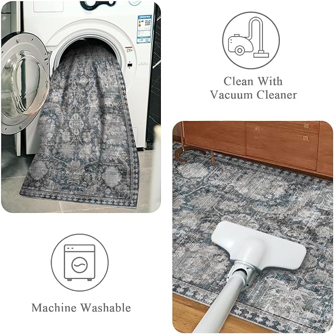 RUGSURE Washable Area Rugs - Perfect for Living Room, Bedroom, Kids Room, Nursery - Stain & Water Resistant Non-Slip, Pet & Child Friendly, Vintage Tribal Area Rugs (Grey and Blue, 8' x 10')