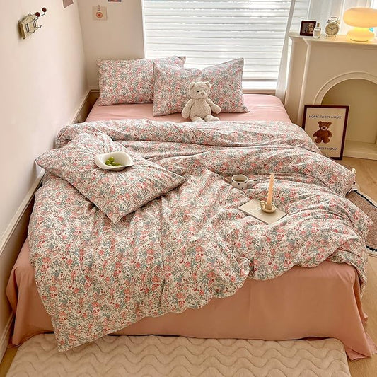 EAVD French Garden Pink Floral Comforter Set Full Soft Microfiber Chic Shabby Floral Bedding Set with 2 Pillowcases Cute Botanical Comforter Set for All-Season