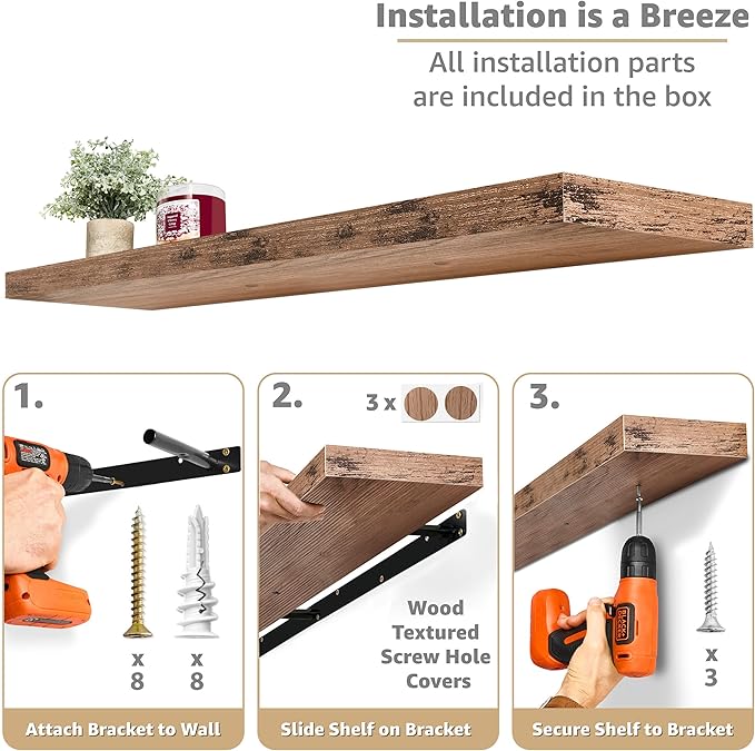 Sorbus Floating Shelves for Wall - 55 Inch Extra-Long Bathroom Shelves, Wall Decor for Bedroom, Kitchen, Living Room, Book Storage - Mounted Floating Shelf with Hidden Brackets (Mahogany, 3 Pack)