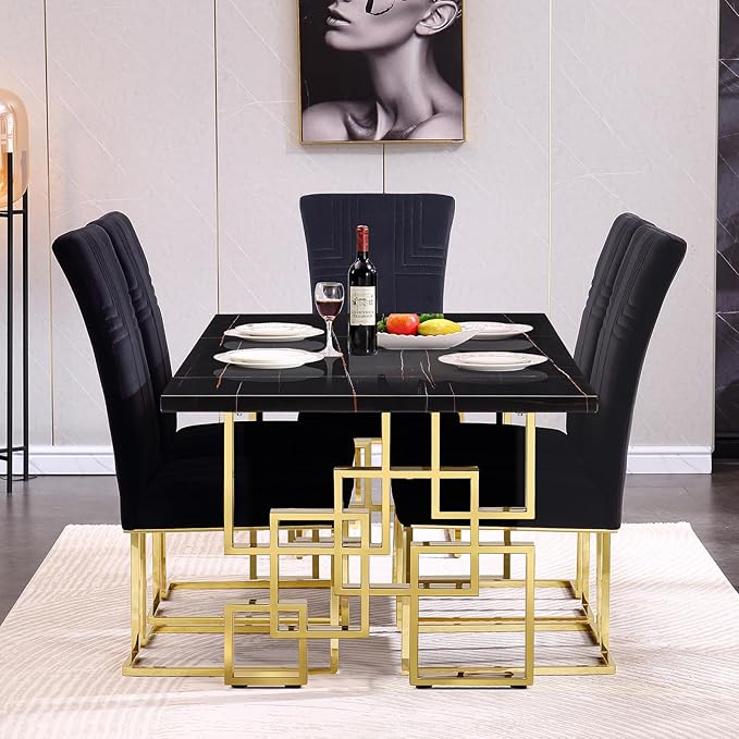 AUZ Dining Chairs Set of 8, Black Velvet Dining Chairs with Polished Gold Sled Legs, Modern Upholstered High Back Chairs for Kitchen and Dining Room