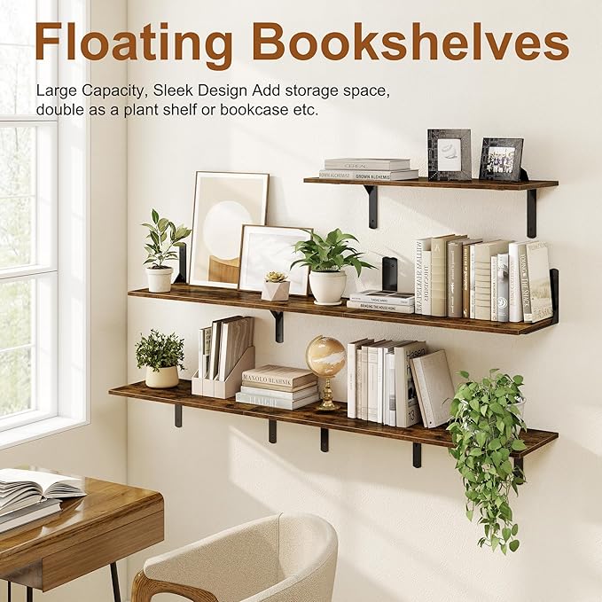 Fun Memories Deep Floating Shelves for Wall, 12 Inch Deep Wall Shelf, 24 Inch Long Floating Shelves with Bracket Set of 2, Rustic Deep Storage Shelf for Bedroom, Living Room, Kitchen, Rustic Brown