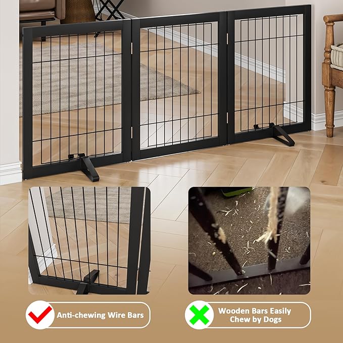 Wire Dog Gate Indoor, Foldable Dog Gates for Doorways, Stairs, 24-Inch Tall Freestanding Pet Gates, Puppy Fence (3 Panel, Black)