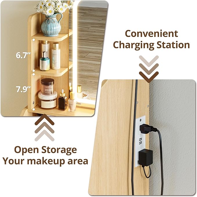LIKIMIO Small Makeup Vanity Desk with Mirror and Lights, Vanity Table Set with Storage Drawer, Chair and Three Shelves, Bedroom, Wood
