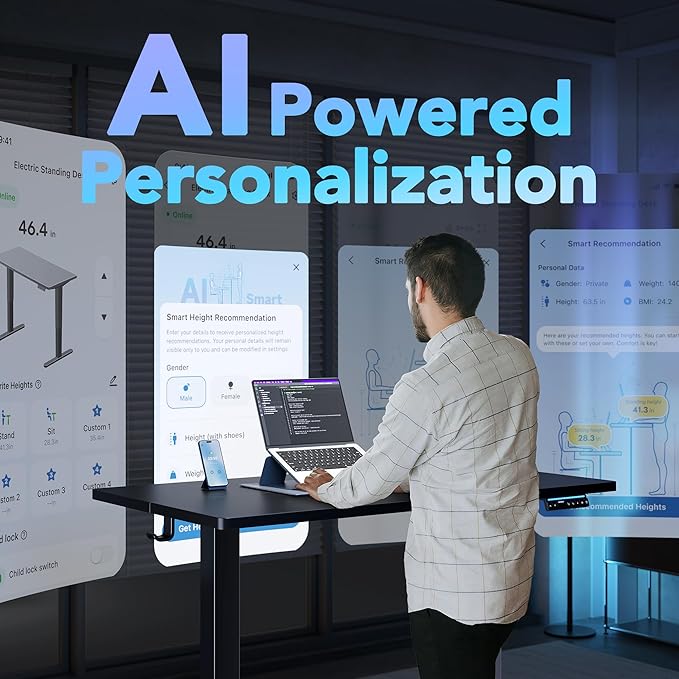 HUANUO AI-Powered Electric Standing Desk with Smart APP, Compatible with Alexa & Google, Adjustable Height, 6 Memory Settings, Sedentary Reminder, Ergonomic Sit-Stand Desk, 48-inch, Black