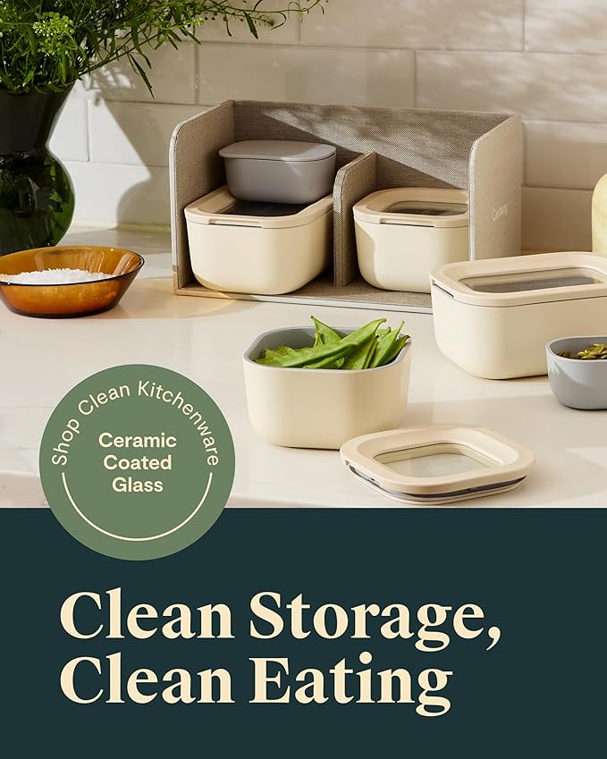 Caraway Mini Food Storage 9pc Set - Glass Storage Containers for Food - Non-Toxic Ceramic-Coated Glass - Air Release Technology - Compact & Stackable Design - Cream