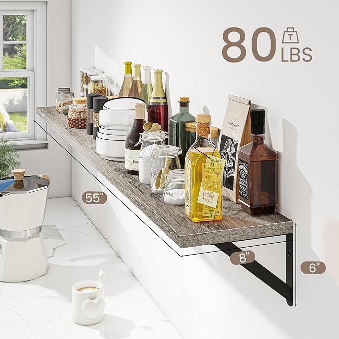 Dreamland 8 inch Deep Floating Shelves for Wall, 55W x 8D Wall Mounted Shelves Set of 2, Wide Display Ledge Shelf with Sturdy Metal Brackets for Living Room, Bathroom, Bedroom and Kitchen, Grey