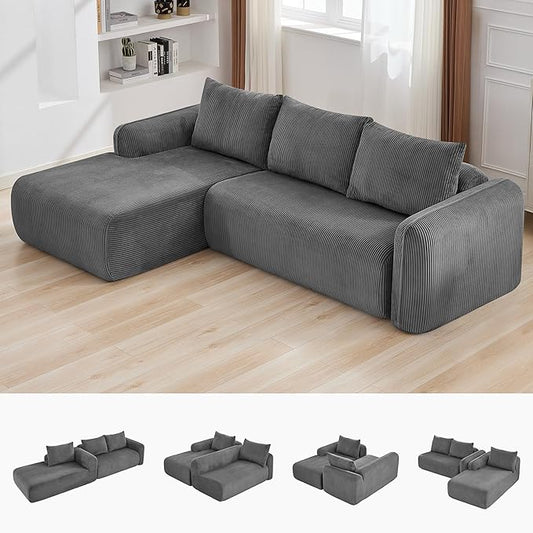 103'' Boneless Corduroy L Shaped Couch, 3 Seat Modular Sectional Deep Seat Sofa with Chaise Lounge, No Assembly Cloud Lounge Sleeper Sofa, Grey