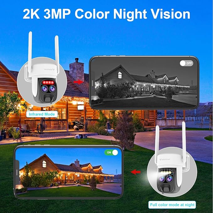VSTARCAM Solar Camera Outdoor Wireless No Subscription, Dual Cameras, 2K UHD with 10× Zoom, 100% Wire-Free with Battery Powered, 360° Panoramic View, PIR Motion Detection, Siren, 2-Way Audio,IP66