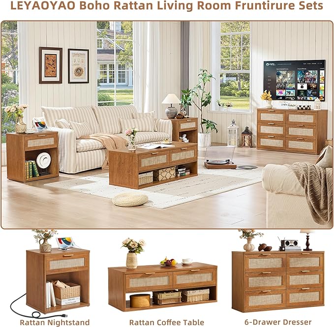 LEYAOYAO Boho Rattan Coffee Table and End Table Sets, 48" Wide Center Tables & 23" Night Stand with 3 Drawers, Brown Wood Coffee Table for Living Room 2 Piece Set