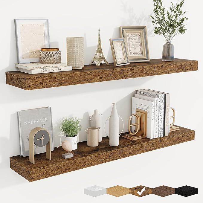 fuqing Floating Shelves for Wall, Wall Mounted Wood Floating Shelf with Invisible Brackets for Living Room, Bathroom, Bedroom, Kitchen Storage and Decor, 40 Inch Set of 2, Rustic Brown