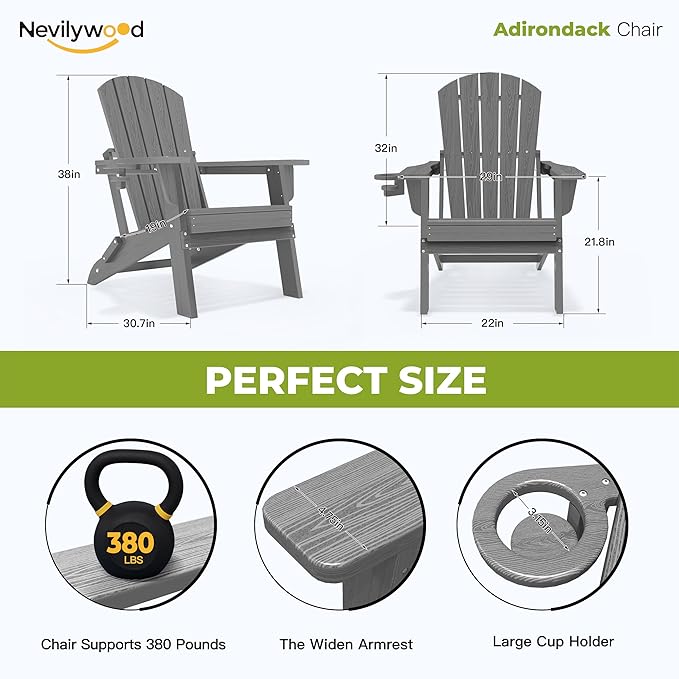 nevilywood Folding Adirondack Chair - Extended Ergonomic Backrest, Cup Holder - Easy Assembly - Durable HDPE Plastic, Weather Resistant & Maintenance-Free - Lawn, Patio, Deck Supports 380lbs,Grey