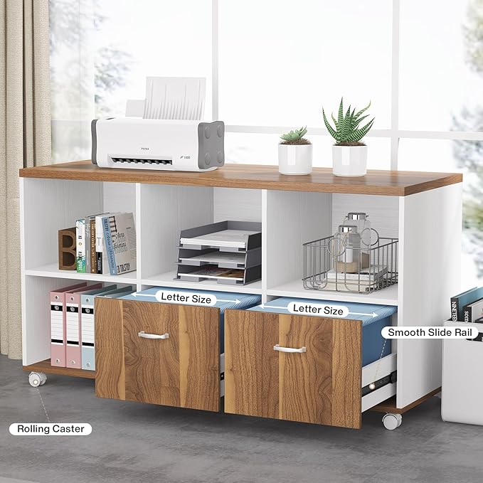 Tribesigns 63 inches Executive Desk and 47" lateral File Cabinet, L-Shaped Computer Desk Home Office Furniture Set with Drawers and Storage Shelves, Office Table with Cabinet (Walnut+White, 63)