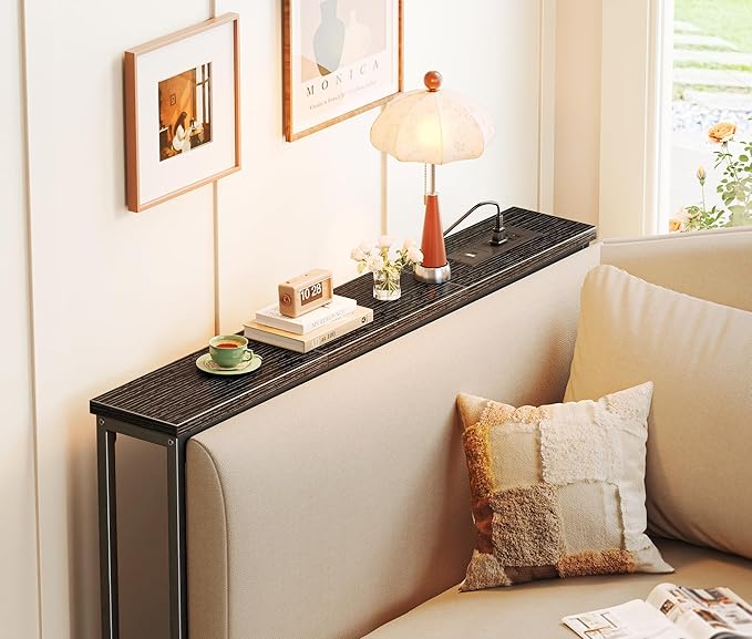 SUPERJARE 5.7 Inch Console Table with Outlet, Sofa Table, Behind Couch Table, 5.7 x 39.4 x 29.7 Inches, Metal Frame, Charging Station, for Living Room, Black
