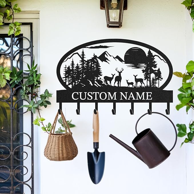 Personalized Key Holder for Wall, Custom Metal Deer Cabin Key Hooks with Name, Metal Jacket Holder Hooks Organizer Rack, Coat Hanger Decor for Kitchen, Entryway, Hallway, Office, Doorway