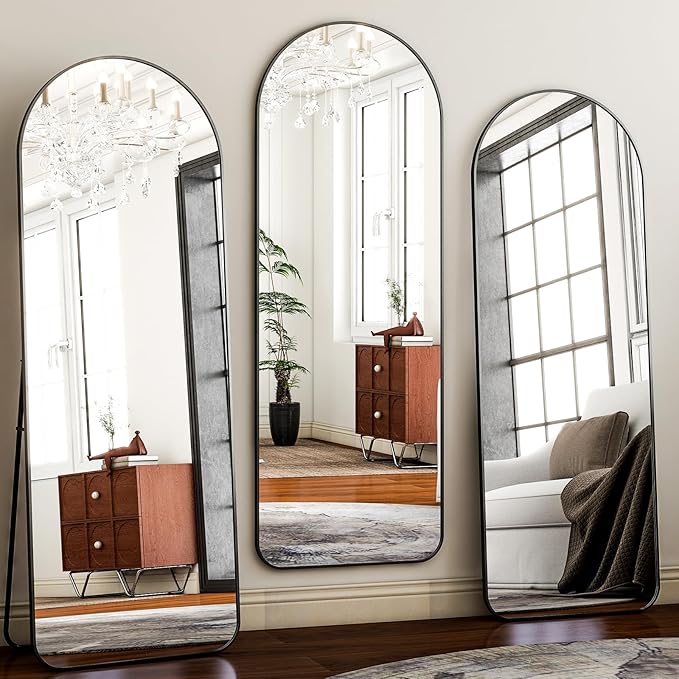 HARRITPURE Arched Full Length Mirror - 64"x21" Large Floor Standing Mirror, Aluminum Frame Dressing Mirrors with Stand for Bedroom/Living Room Wall Mounted, Black