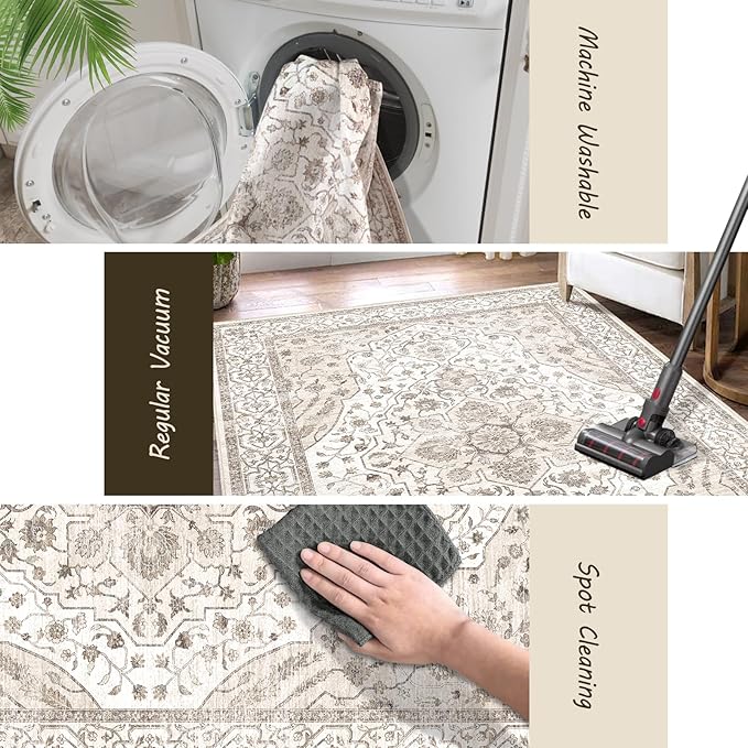 8'x10' Machine Washable Vintage Design Area Rug - Non Slip, Stain Resistant for Home, Office, Machine Washable Area Rugs 8x10,Area Rugs for Living Room (Beige Cream 8x10)…