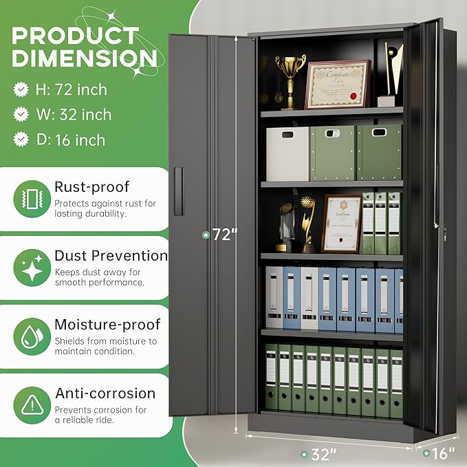 INTERGREAT Metal Storage Cabinet with Lock, 72" H Lockable Metal Storage Cabinet with Locking Doors, Steel Storage Lockers with Adjustable Shelves for Office, Home, Garage, Gym, School (Black)