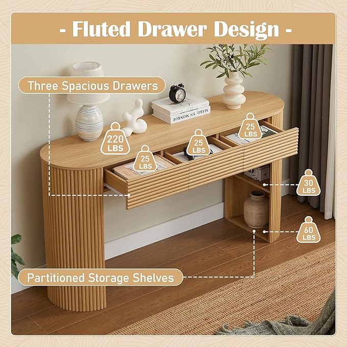 Merax Modern Retro Entryway Table, Rounded Console Table with3 Drawers and Open Hidden Storage for Living Room, Hallway and Office, Nature