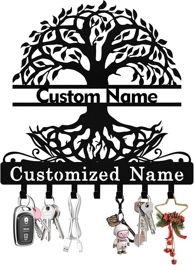 Personalized Tree of Life Key Holder Wall Mount, Custom Metal Key Holder for Wall with Name, Custom Keys Rack Hanger with Hooks for Entryway, Front Door, Hallway, Living Room, Kitchen