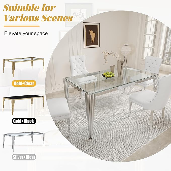 51" Rectangle Glass Dining Table for 4-6, Modern Silver empered Glass Kitchen Table with Stainless Steel Legs for Home Office Kitchen, Living Room