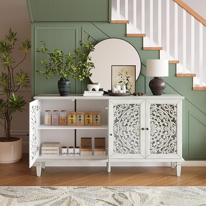 Retro 60'' Large Storage Cabinet Sideboard with 4 Hollow-Carved Doors and Adjustable Shelves, Acacia Wood Vintage Entryway Console Table TV Stand for Living Room Dining Room (Antique White-LK)
