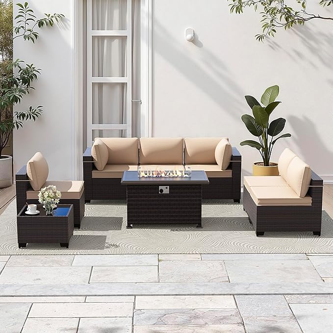 Gotland 8 Pieces Patio Furniture Set with Fire Pit Table, All Weather Rattan Outdoor Furniture with 29.5'' High Backrest 4’’ Thick Cushions Coffee Table, Outdoor Sectional for Porch, Deck, Khaki