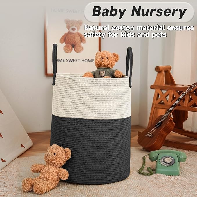 Large Woven Laundry Basket Hamper,100L Cotton Rope Storage Bin for Blankets,Toys and Clothes,Decorative Tall Nursery Hamper for Living Room,Baby Nursery,Bathroom and Bedroom,White and Black