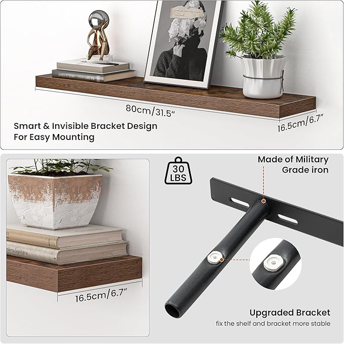 Heimlove Floating Shelves for Wall 32 Inch,Mounted Storage Wood Shelves with Invisible Brackets Hanging Shelf for Bedroom Living Room Kitchen Office,Set of 2,Rustic Brown