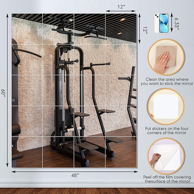 Queekay 20 Pcs Home Gym Mirrors 12'' x 12'' Mirror Tiles Self Adhesive Workout Frameless Acrylic Wall Mirror 2mm Thick Wall Mounted Mirror Sheets Mirror Trays for Wedding Table Centerpieces