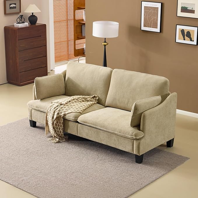 VINGLI 84" W Oversized Comfy Two Seat Love Seat, 37" Extra Deep Seat Piping Design Loveseat Couch with Two Pillows, Linen Fabric Modern Small Sofa for Small Living Room, Bedroom, Khaki