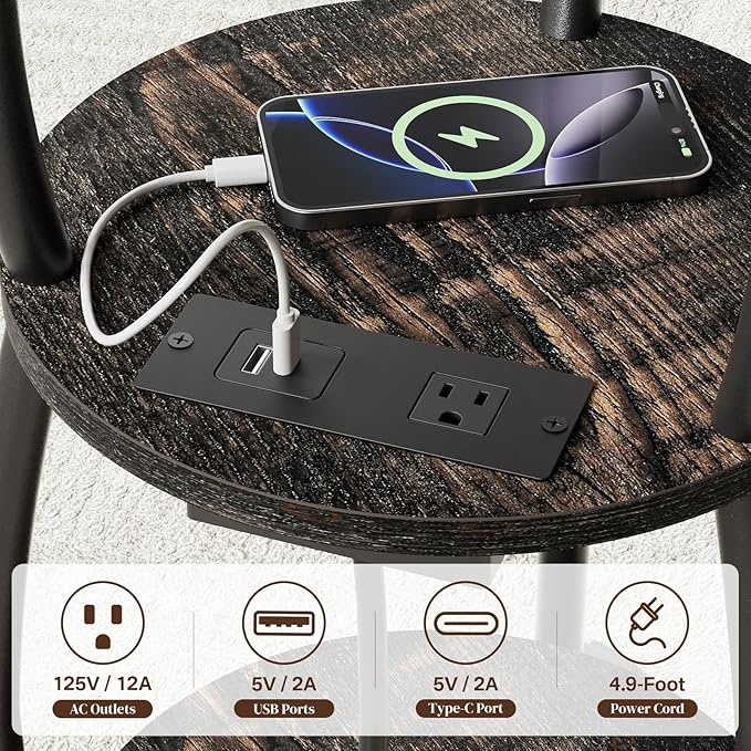 Round Side Table with Power Outlet & USB Ports, 3-Tier End Table with Storage Shelf, Modern Rustic Nightstand, Small Spaces Accent Table for Living Room Bedroom, Easy Assembly, Oak Dark