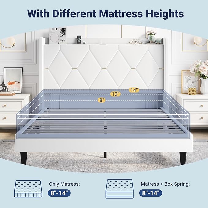 Allewie Velvet Queen Upholstered Bed Frame with Wingback Storage Headboard & Charging Station, Platform Bed with Diamond Tufted Design & Gold Trim, No Box Spring Needed, Easy Assembly, White