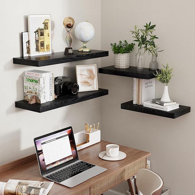 Fun Memories 32 Inch Floating Shelves, Wall-Mounted Bathroom Shelves Set of 2, 9.3 Inch Deep Floating Shelf Bookshelf for Living Room, Bedroom, Heavy-Duty Deep Storage Shelf for Wall, Black Color