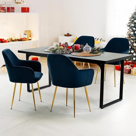 ECOTOUGE Matte Velvet Dining Chairs Set of 4, Modern Arm Chair with Golden Metal Legs, Living Room Accent Chairs for Kitchen, Blue