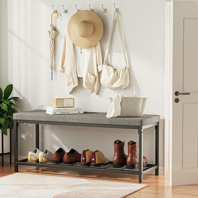 Shoe Bench, 43.3" Entryway Bench with Cushion Seat, Shoe Rack Bench with Storage, Modern Style, Holds Up to 350 lb, for Living Room, Bedroom, Hallway, Grey