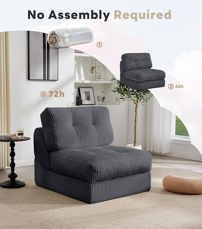 Tbfit 35.8‘’ Oversized Folding Sofa Bed, Convertible Sleeper Chair with Adjustable Back, Corduroy Folding Couch Bed, Portable & Foldable Boneless Floor Sofa for Living Room, Bedroom, Dark Grey