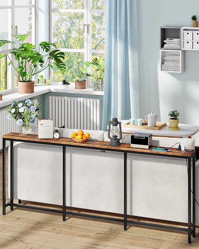 78.7" Console Table with Charging Station, Narrow Long Behind Couch Table, with 2 AC Outlets, 1 USB-A Port and 1 Type-C Port Rustic Brown and Black TXG30UBF