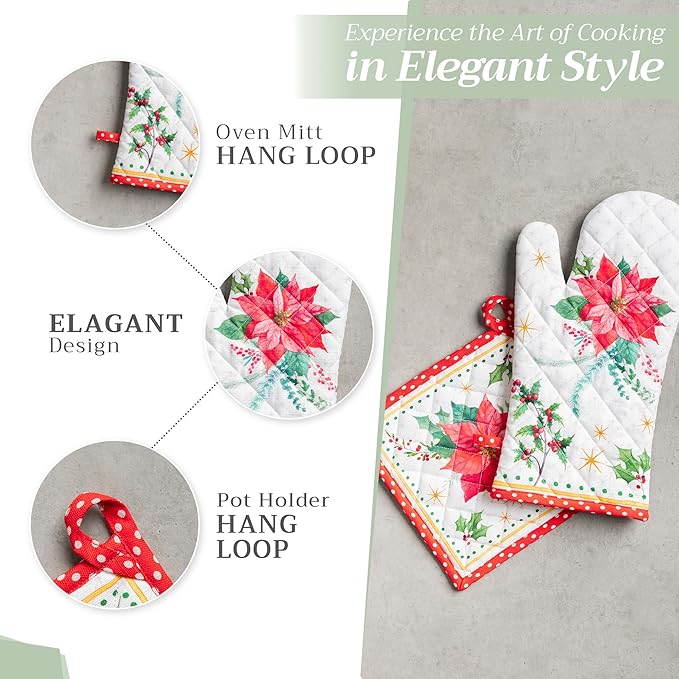 Maison d' Hermine 100% Cotton Oven Mitt & Pot Holder Set (7.5"x13" & 8"x8") Heat Resistant BBQ Cooking Gloves with Loop for Thanksgiving Christmas Decorations Handling Hot Pans (Poinsettia Christmas)