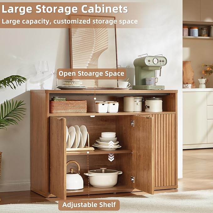 LEYAOYAO Fluted Buffet Cabinet with Storage, 45" Wide Modern Sideboard Credenza with 3 Doors & Open Storage Shelf, Wood Kitchen Console Accent Cabinets, Coffee Bar Table for Dining Room, Tea Brown