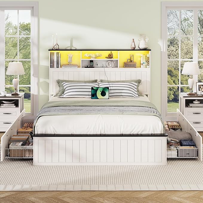 Yoobure Queen Bed Frame with Headboard - Farmhouse Wood Bed Frames Queen Size with 4 Storage Drawers, Platform Beds with Charging Station & LED Light, No Noise Double Bedframe, No Box Spring Needed
