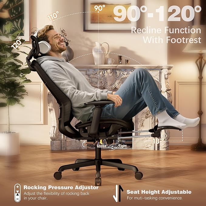 ELABEST T96E Ergonomic Mesh Office Chair with Adjustable Headrest & Footrest,Sturdy Computer Desk Chair - Adjustable Lumbar Support & Armrests,Comfort Wide Seat,Swivel Home Office Chair