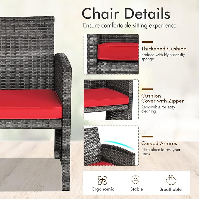 Goplus 4-Piece Rattan Patio Furniture Set, Outdoor Wicker Conversation Sofa with Weather Resistant Cushions and Tempered Glass Tabletop for Lawn Backyard Pool Garden (Red)