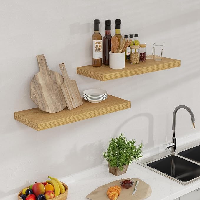 Fun Memories Floating Shelves for Wall, 24 x 9.3 Floating Shelf Wall-Mounted, Rustic Wood Bathroom Shelf Set of 2, Deep Bookshelf Storge Shelves for Living Room, Bedroom, Farmhouse, Oak Color