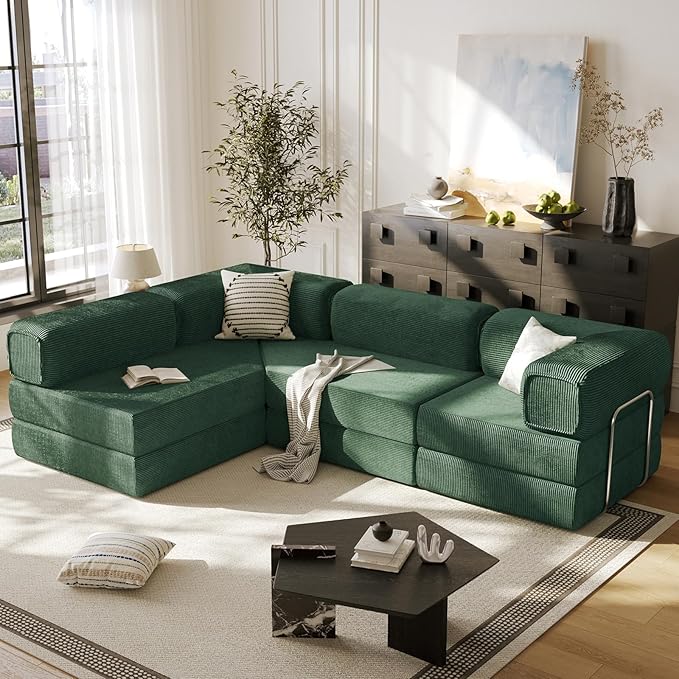 108" L Shaped Couch, Modular Sectional Sofa with Chaise, Cloud Boneless Couch with Deep Seat & Removable Pillow for Living Room, Bedroom,No Assembly Required（Dark Green）