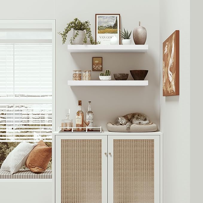 Vivelove Floating Shelves for Wall 24 inchs Long, 9.1” deep x 1.6” Wall Shelf for Bedroom, Bathroom, Living Room, Kitchen, Office Home Decor, Deep Wood Shelves with Invisible Brackets, Set of 2 White