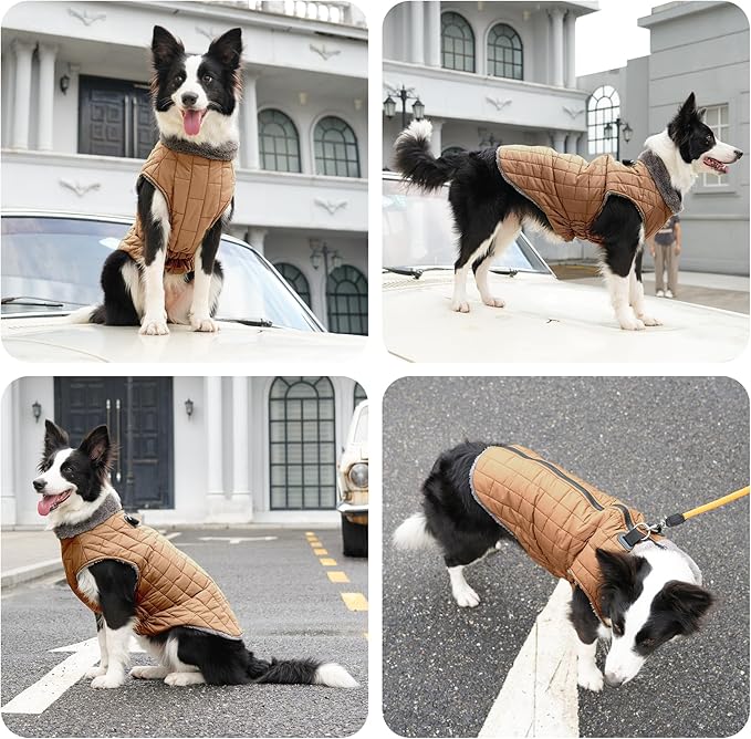 Warm Fleece Dog Coats with Durable Harness Buitl in D-Ring,Waterproof Doggie Jacket for Medium Dogs,Dog Vest for Cold Winter,Burnished Khaki L