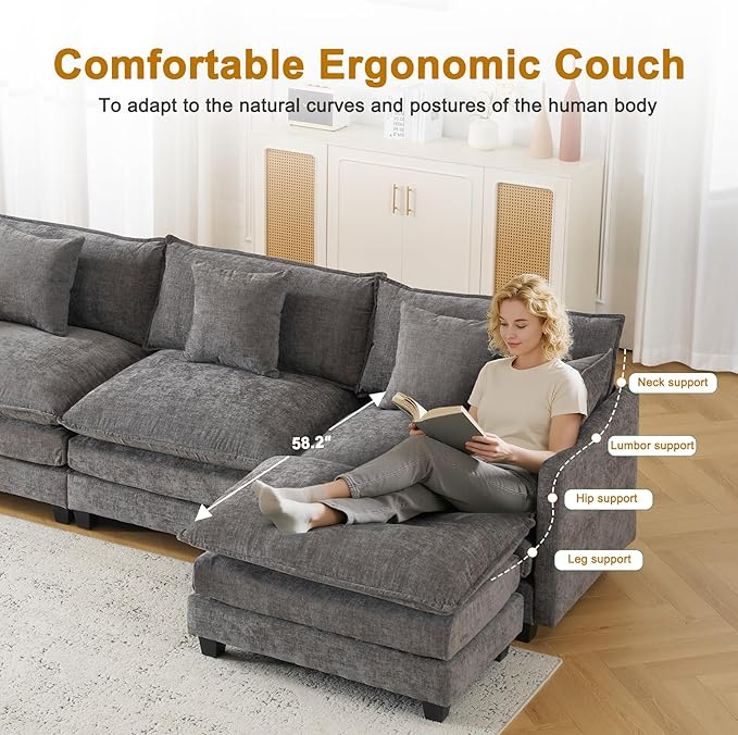 111.4" Cloud L Shaped Sectional Couch with Ottoman｜Modular Chenille Sofa with 29.1" Deep Seat｜FSC Solid Wood Frame｜Easy Assembly & 1YR Guarantee｜for Living Room Bedroom Apartment，Grey