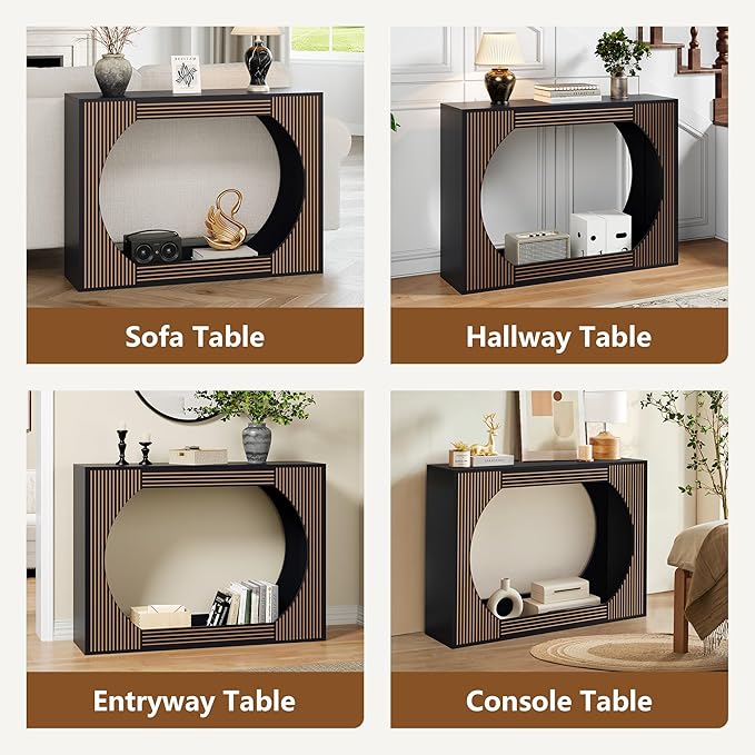 43.3" Console Table with Storage, 2-Tier Wooden Entryway Table with Carving Lines, Mid-Century Modern Accent Rectangular Sofa Table Behind Couch for Foyer, Entrance, Living Room, Hallway (Black)