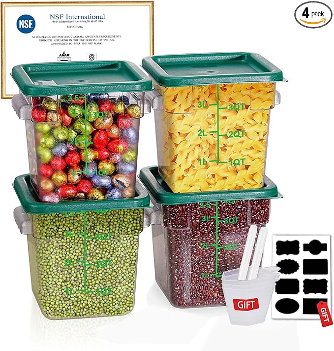 4QT NSF Food Storage Containers with Lids: 4 PCS [Total Food Grade][Hot&Cold Resistant] Commercial Clear Food Storage Containers for Restaurant Kitchen Proof Dough, Measuring Spoons Included(Green)
